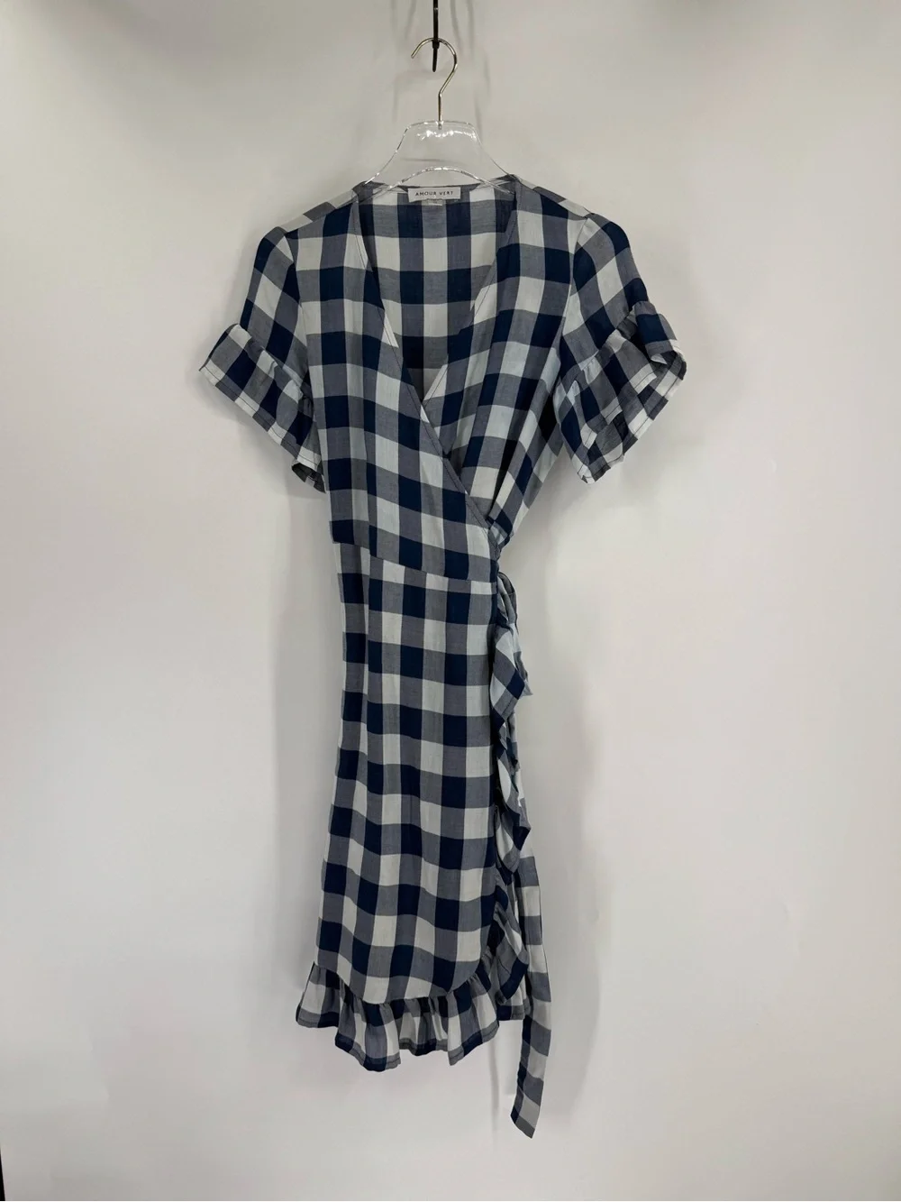 Amour Vert - Blue & White Gingham‎ Print Ruffled Wrap Dress Sz xs